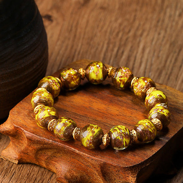 Buddha Stones Gold Swallowing Beast Family Charm Liuli Glass Bead Fortune Bracelet
