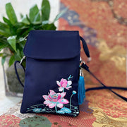 Buddha Stones Waterproof Handmade Embroidered Lotus Flowers Crossbody Bag Shoulder Bag Cellphone Bag Bag BS 21