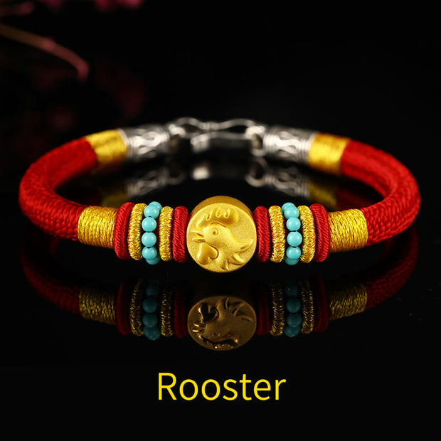 Buddha Stones 999 Gold Chinese Zodiac Om Mani Padme Hum King Kong Knot Protection Handcrafted Bracelet Bracelet BS Rooster 19cm