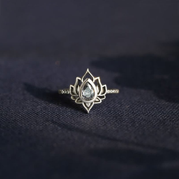 Buddhastoneshop 925 Sterling Silver Lotus Zircon Blessing Protection Ring