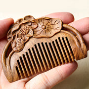 Buddha Stones Natural Green Sandalwood Lotus Flower Leaf Engraved Soothing Comb Comb BS 7
