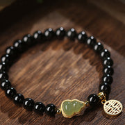 Buddha Stones Natural Black Obsidian Hetian Jade Gourd Double Happiness Strength Bracelet Bracelet BS 4