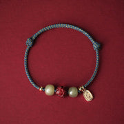 Buddha Stones 14K Gold Plated Hetian Jade Cinnabar Lotus Luck Handcrafted Rope Bracelet Bracelet BS Blue Rope(Wrist Circumference 13-18cm)