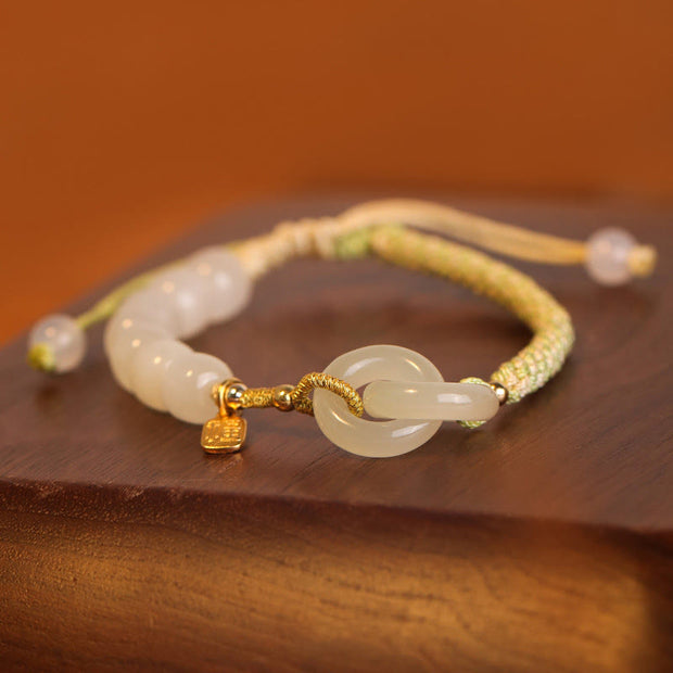 Buddha Stones Natural Hetian Jade Bead Double Peace Buckle Fu Character Abundance Braided Bracelet Bracelet BS 14
