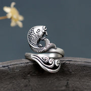 Buddha Stones 925 Sterling Silver Koi Fish Water Ripple Luck Wealth Ring Ring BS Koi Fish(Luck♥Prosperity)