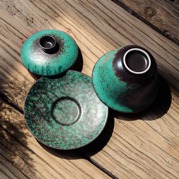 Buddha Stones Retro Green Glaze Ceramic Gaiwan Sancai Teacup Kung Fu Tea Cup And Saucer With Lid
