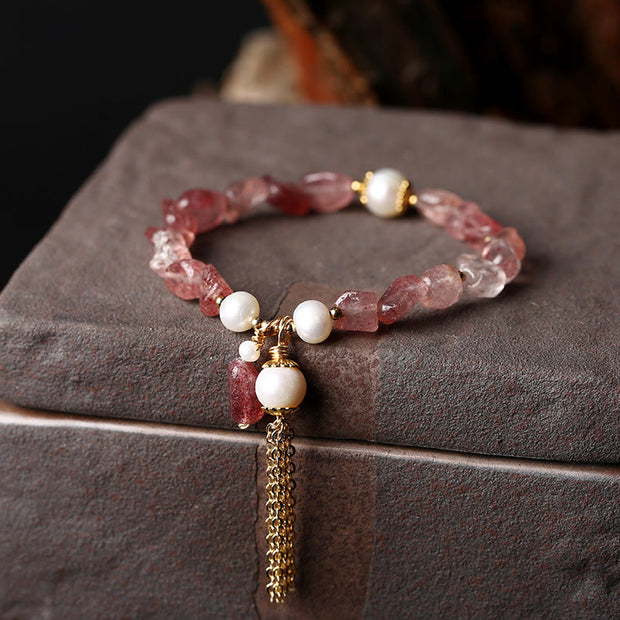 Buddha Stones Natural Strawberry Quartz Pearl 14k Gold Plated Love Healing Bracelet