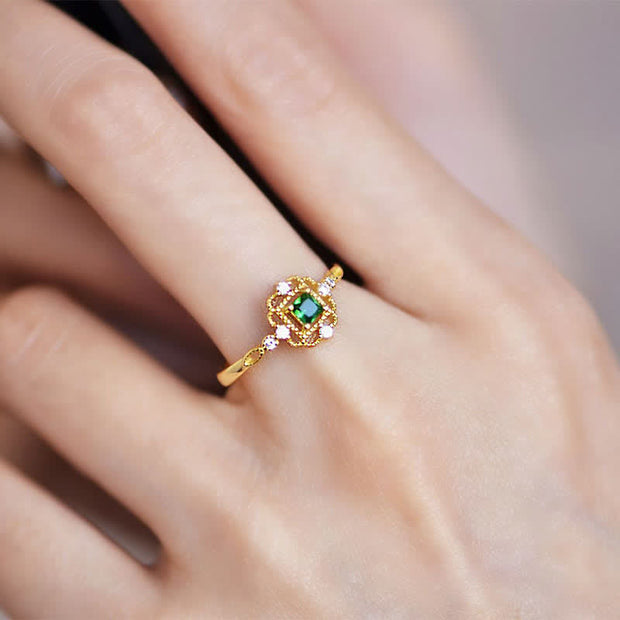 925 Sterling Silver Green Emerald Stone Blessing Luck Adjustable Ring