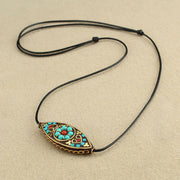 Buddha Stones Tibet Turquoise Bead Marquise Pattern Protection Strength Necklace Pendant