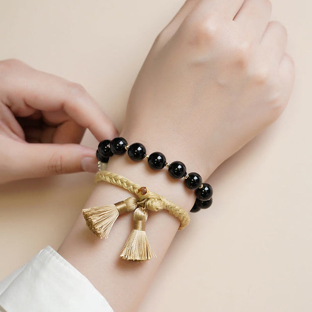 Buddha Stones 2Pcs Black Onyx Bead Support Protection String Bracelet