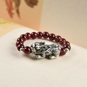 Buddha Stones 925 Sterling Silver Natural Garnet Moonstone Red Agate PiXiu Wealth Ring Ring BS 3
