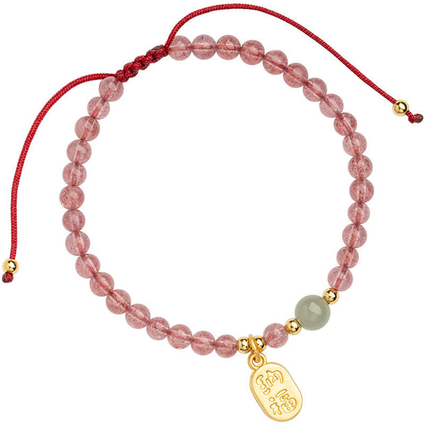 Buddha Stones Natural Strawberry Quartz Garnet Jade Lucky Fortune Fu Character Healing Charm Bracelet Bracelet BS 9