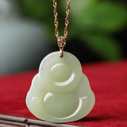 Buddha Stones 925 Sterling Silver Laughing Buddha Cyan Jade 18K Gold Success Necklace Pendant Necklaces & Pendants BS 6