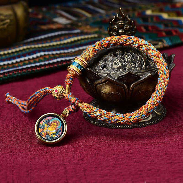 Buddha Stones Tibetan Handmade Luck Thangka Prayer Wheel Charm Weave String Bracelet Bracelet BS Yellow&Thangka