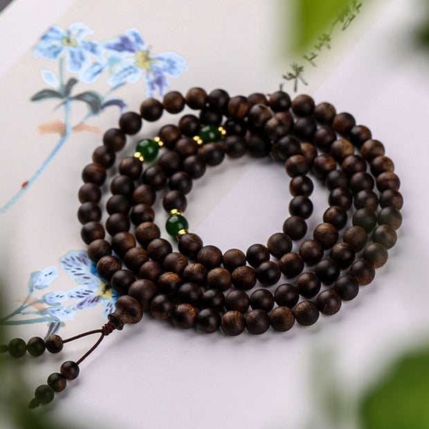 Buddha Stones 108 Mala Beads Indonesia Tarakan Rare Agarwood Cyan Jade Ward Off Evil Spirits Bracelet Bracelet Mala BS 1
