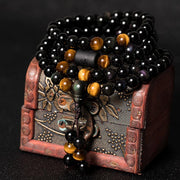 Buddhastoneshop Natural Black Obsidian Rainbow Obsidian Gourd Blessing Bracelet Mala