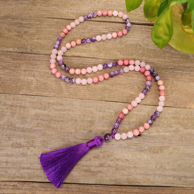 Buddha Stones 108 Mala Beads Amethyst Rose Quartz Spiritual Healing Tassel Bracelet Mala Bracelet BS 7