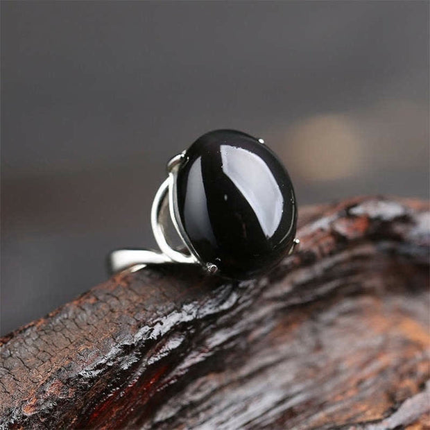Buddha Stones Natural Rainbow Obsidian Crystal Protection Amulet Lucky Ring Ring BS 4