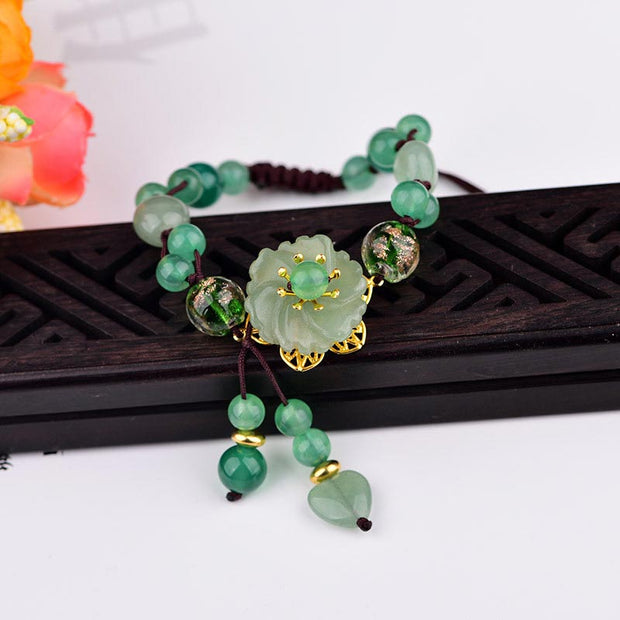 Buddhastoneshop Natural Green Jade Luck Dangling Flower Bracelet