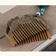 Buddha Stones Green Sandalwood Fox Peony Flower Lotus Engraved Cure Tassel Comb Comb BS 13