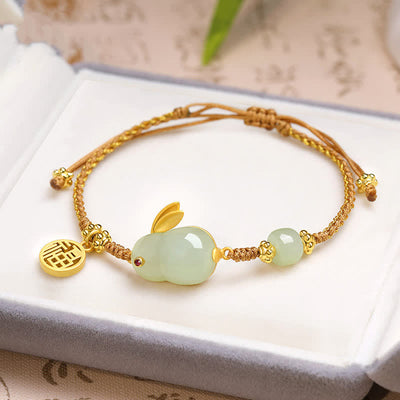 Buddhastoneshop Year of the Rabbit Hetian Jade Happiness Blessing Wealth String Bracelet