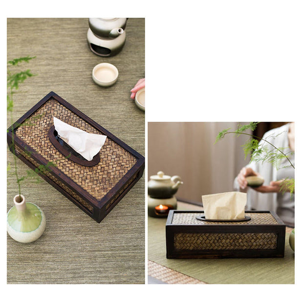 Buddha Stones Handmade Bamboo Woven Wood Tissue Box Wooden Tissue Holder Wipes Boxes Decoration