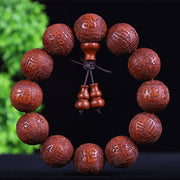 Buddha Stones Chinese Zodiac Rosewood Ebony Boxwood Copper Coin PiXiu Carved Warmth Bracelet Bracelet BS Small Leaf Red Sandalwood Five Blessings