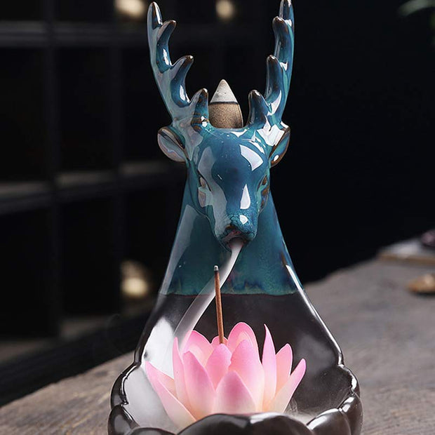 Buddha Stones Little Deer Ceramic Lotus Meditation Incense Burner Decoration