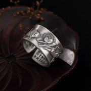 Buddha Stones 999 Sterling Silver Luck Koi Fish Lotus Heart Sutra Wealth Ring Ring BS 1