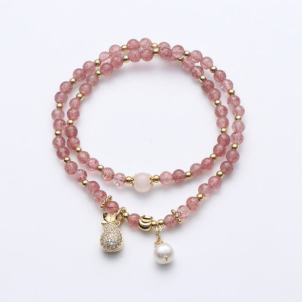 Buddha Stones Strawberry Quartz Money Bag Positive Charm Double Wrap Bracelet Bracelet BS 4