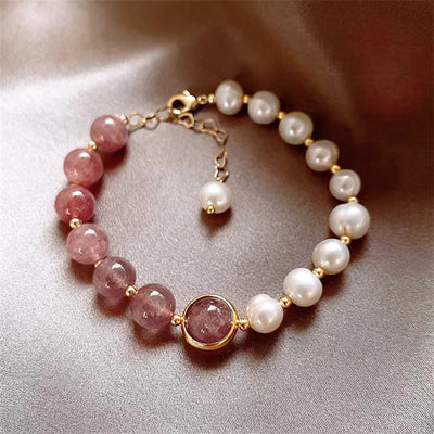 Buddha Stones Natural Strawberry Quartz Pearl Love Positive Chain Bracelet Bracelet BS Strawberry Quartz&Pearl