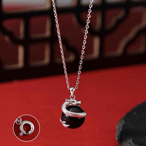 ❗❗❗A Flash Sale- Buddha Stones 925 Sterling Silver Year of the Dragon Black Obsidian Fulfilment Necklace Pendant