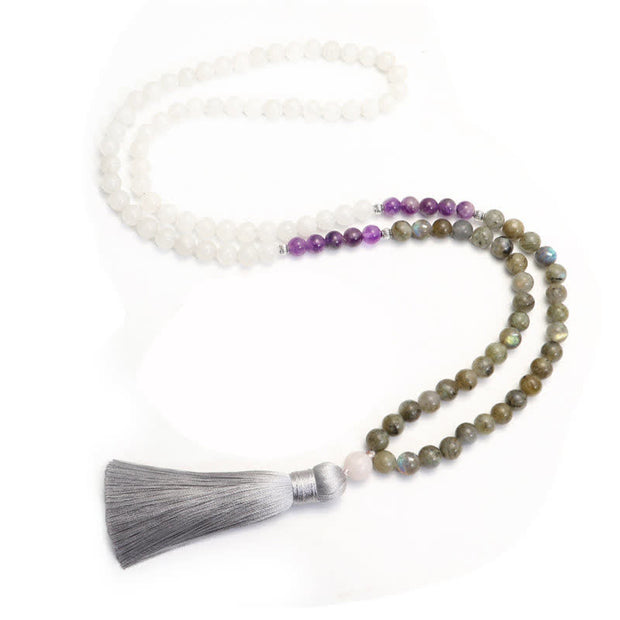 Buddha Stones 108 Mala Beads White Agate Amethyst Black Glitter Stone Protection Bracelet