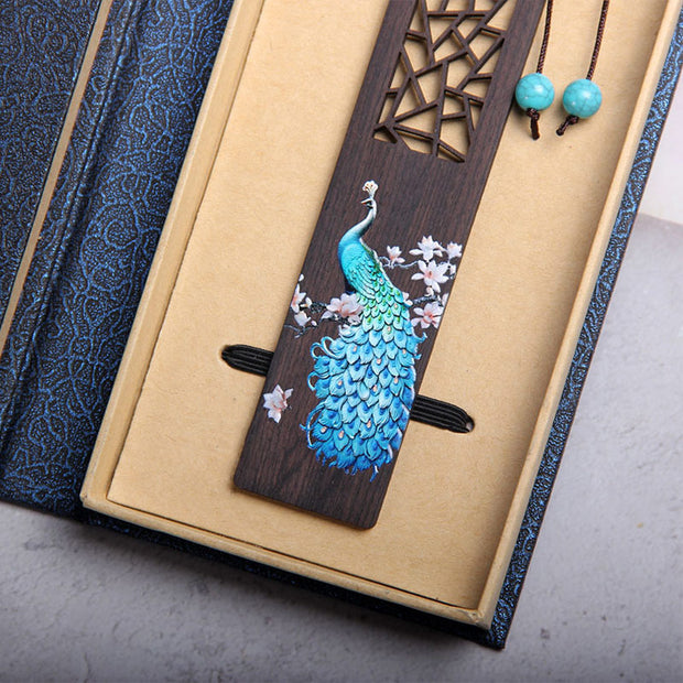 Buddha Stones Blue Peacock Ebony Wood Bookmarks With Gift Box