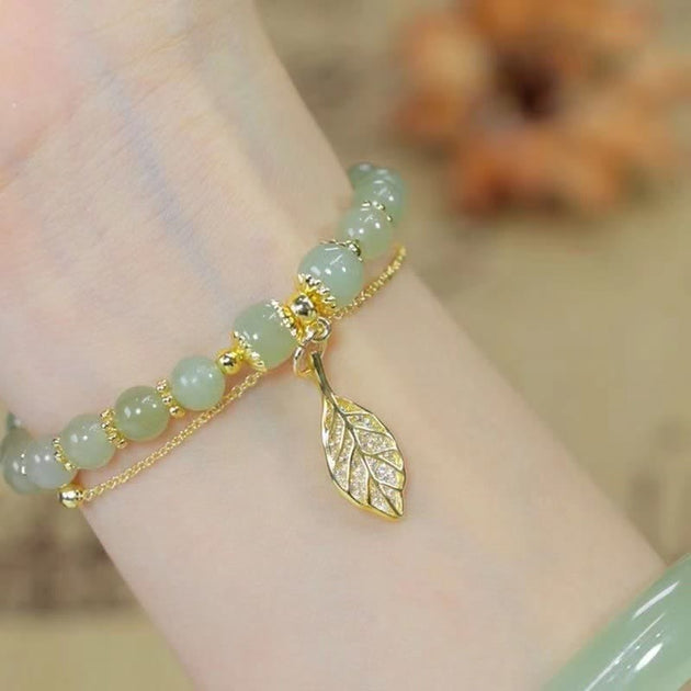 Buddha Stones Natural Hetian Jade Leaf Luck Beaded Bracelet ...