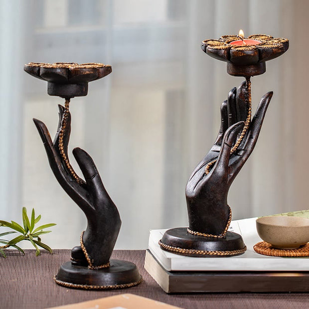 Buddha Stones Hand Pattern Wood Candlestick Home Candle Holder Decoration