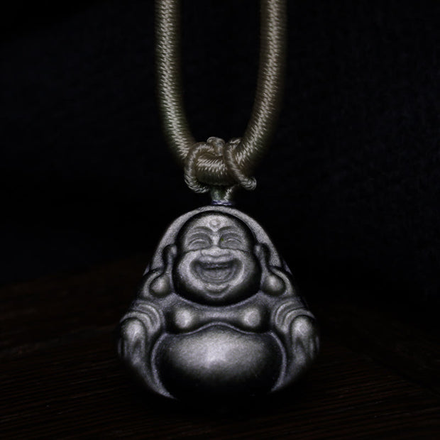 Buddha Stones Natural Silver Sheen Obsidian Laughing Buddha Protection Necklace Pendant Necklaces & Pendants BS 3
