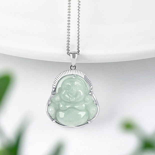 Buddha Stones 925 Sterling Silver Laughing Buddha Jade Luck Calm Necklace Chain Pendant Necklaces & Pendants BS 1