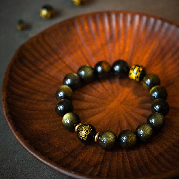 Buddha Stones Chinese Zodiac Natal Buddha Gold Sheen Obsidian Wealth Protection Bracelet Bracelet BS 5