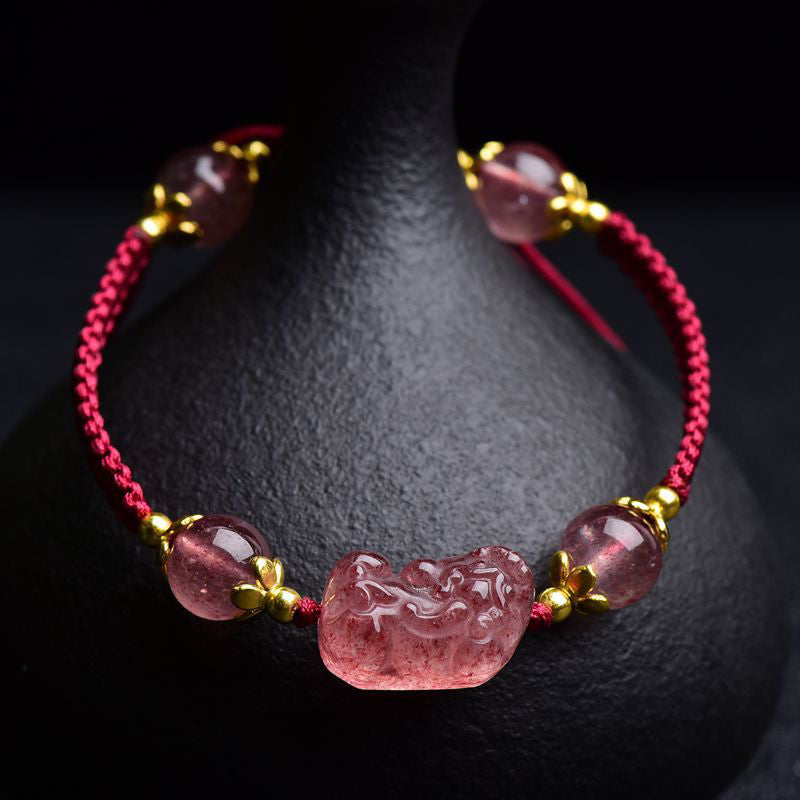 Buddha Stones Natural Strawberry Crystal Pixiu Charm Lucky Red