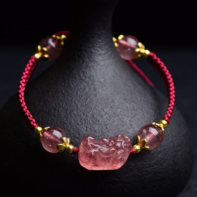 Buddha Stones Natural Strawberry Crystal Pixiu Charm Lucky Red String Bracelet Bracelet BS Strawberry Quartz(Wrist Circumference 14-20cm)