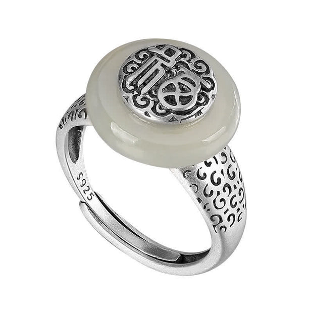 Buddha Stones White Jade Blessing Letter Happiness Adjustable Ring Ring BS 19