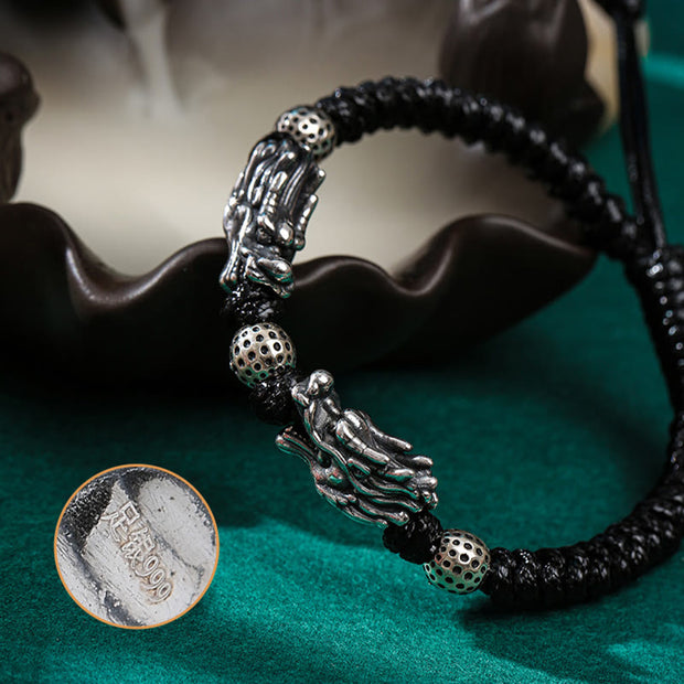 Buddha Stones 999 Sterling Silver Double Dragon Luck Handmade Braided Bracelet Bracelet BS 6