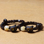 Buddha Stones Ebony Wood Cute Cat Bodhi Seed Paw Claw Square Beads Calm Bracelet Bracelet BS 3
