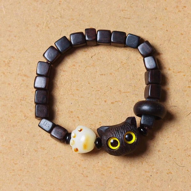 Buddha Stones Ebony Wood Cute Cat Bodhi Seed Paw Claw Square Beads Calm Bracelet Bracelet BS 1