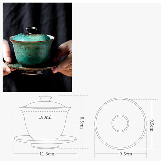Buddha Stones Retro Green Glaze Ceramic Gaiwan Sancai Teacup Kung Fu Tea Cup And Saucer With Lid
