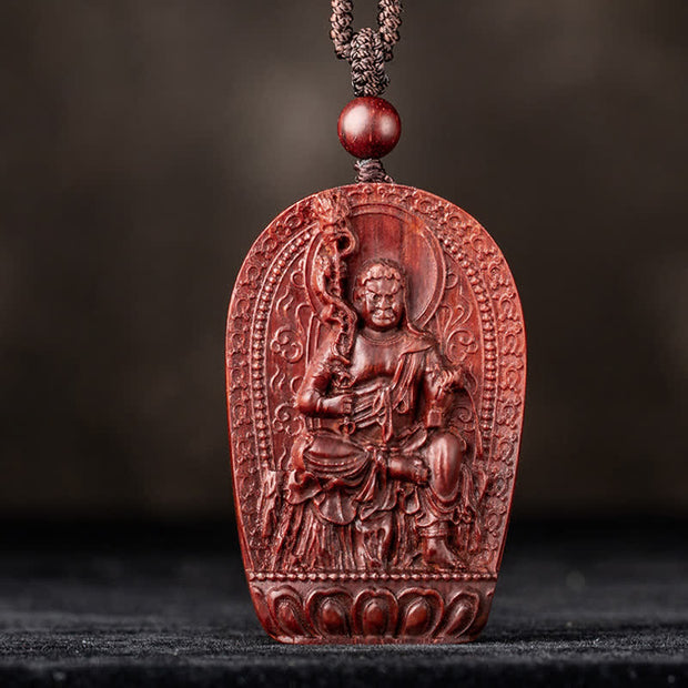 Buddha Stones Chinese Zodiac Natal Buddha Small Leaf Red Sandalwood Lotus Protection Necklace Pendant