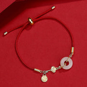 Buddha Stones 18K Gold Plated Hetian Jade Peace Buckle Fu Character Luck Red Rope Bracelet Bracelet BS 1