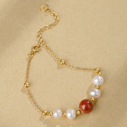 Buddha Stones 925 Sterling Silver Pearl Cinnabar Healing Bead Chain Bracelet