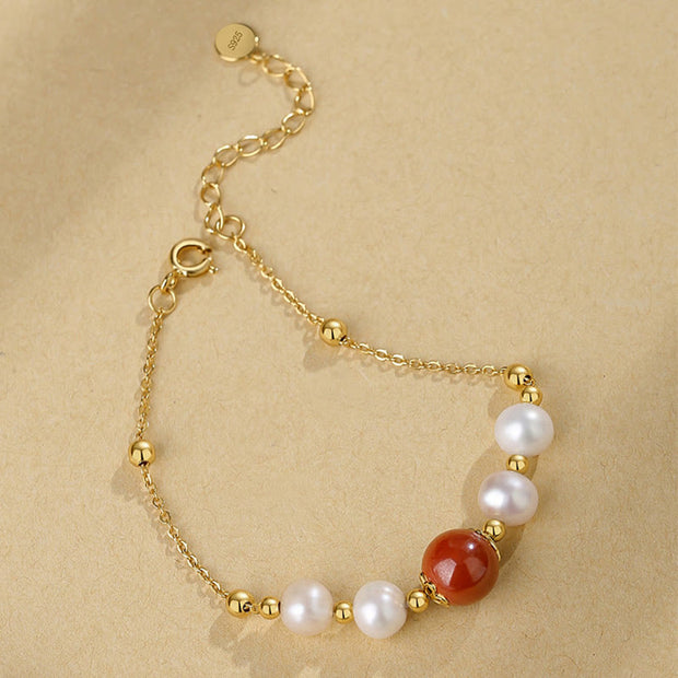Buddha Stones 925 Sterling Silver Pearl Cinnabar Healing Bead Chain Bracelet